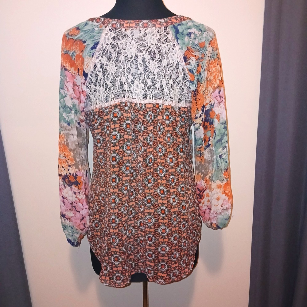 Figueroa & Flower Boho Cottagecore Sheer XL Floral Lace Back Peasant Blouse top - Picture 4 of 7